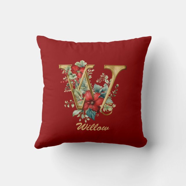 Anpassningsbar Ornate Monogram W jul Red Guld Thro Kudde (Baksida)