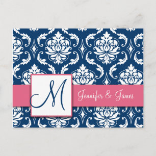 Anpassningsbar OSA Rosa Navy Damask Wedcard Inbjudan Vykort