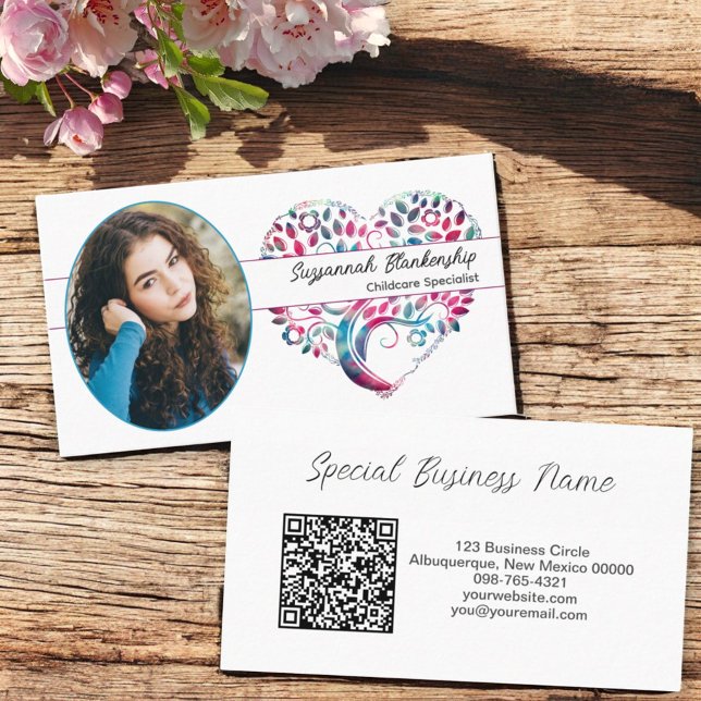 Anpassningsbar Oval Photo Träd Heart Art & QR Code Visitkort (Business card temple text front and back )