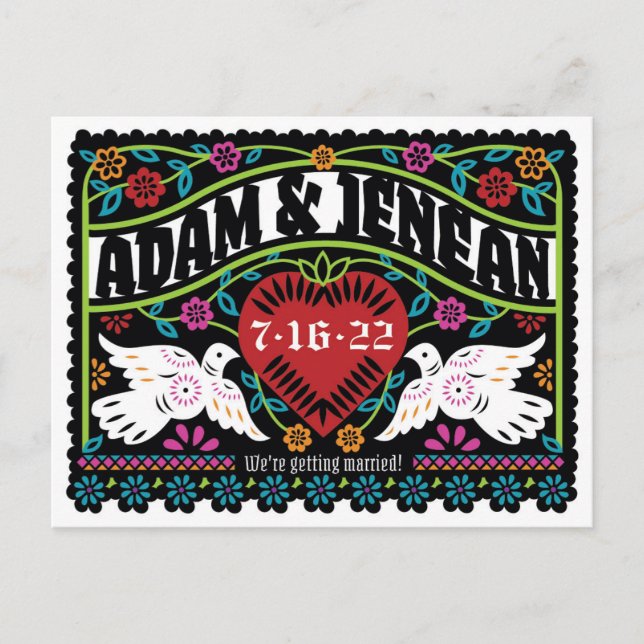 Anpassningsbar Papel Picado Stil Lovebird Spara da Meddelande Vykort (Framsida)