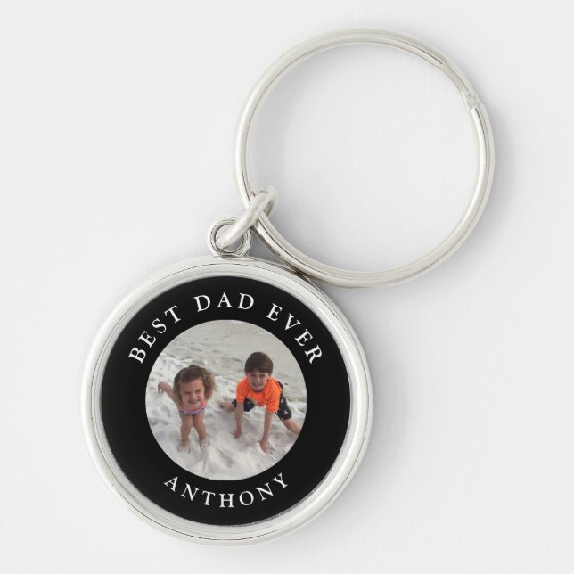 Anpassningsbar Pappa Kids Family Photo Monogram Pe Rund Silverfärgad Nyckelring (Framsidan)