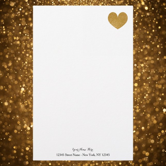 Anpassningsbar, papper med guld glitter hjärta (gold heart stationery paper)