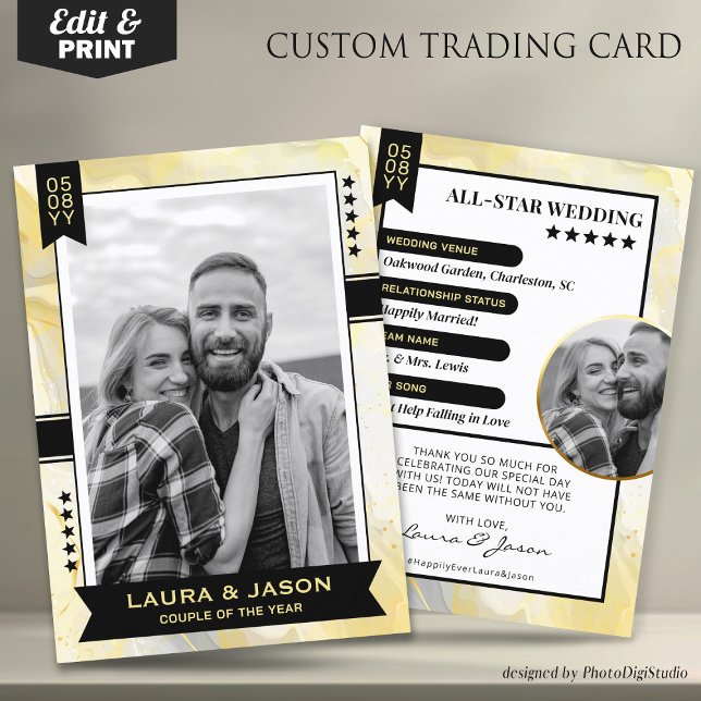 Anpassningsbar par handelskort, Bröllop Tack (Wedding Trading Card Template, Custom Couple Trading Card, Wedding Thank You Card Gold & Black)