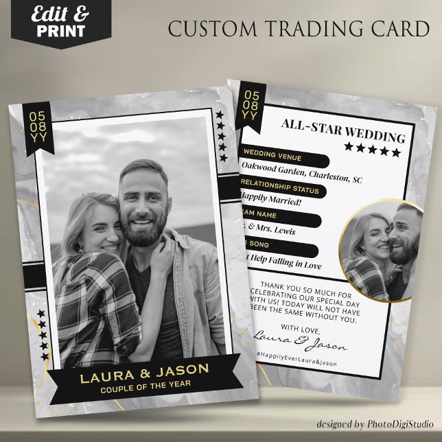 Anpassningsbar par handelskort, Bröllop Tack (Wedding Trading Card Template, Custom Couple Trading Card, Wedding Thank You Card Black Gold & Black)