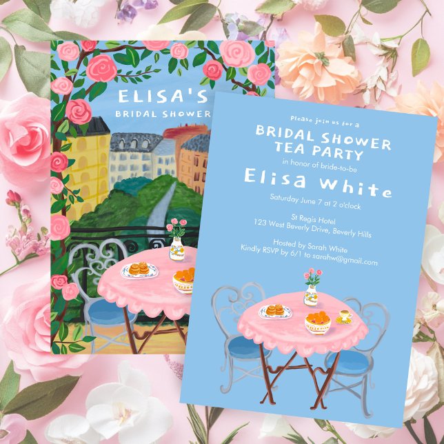 ANPASSNINGSBAR Paris Tea om Möhippan Balcony Inbjudningar (CUSTOM Paris Tea on the Balcony Bridal Shower Hand-painted Art Invitation
)