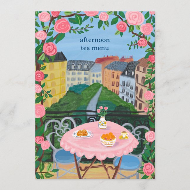 ANPASSNINGSBAR Paris Tea på Balkony med en visning Meny (Framsida)