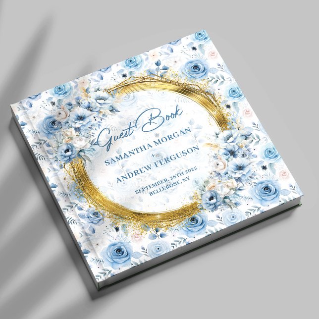 Anpassningsbar Pastel Blue Guld Glitter Bröllop Gu Gästböcker (Custom Pastel Blue Gold Glitter Wedding Guest Book)