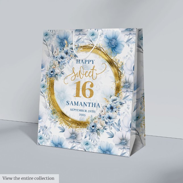 Anpassningsbar Pastel Blue Sweet 16 Guld Glitter G (Custom Pastel Blue Sweet 16 Gold Glitter Gift Bag)