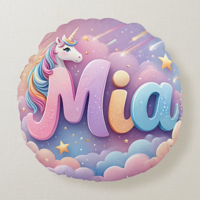 Anpassningsbar Pastel Unicorn Namn Pillow Rund Kudde (Framsidan)