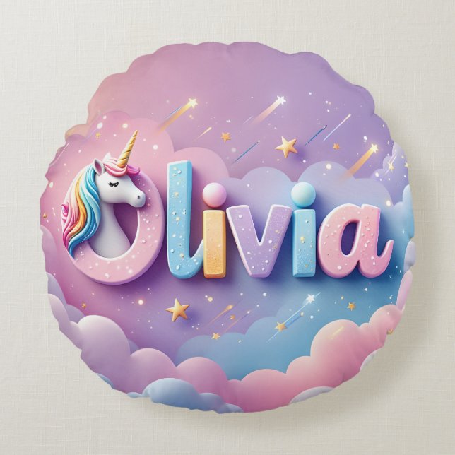 Anpassningsbar Pastel Unicorn Namn Pillow Rund Kudde (Framsidan)