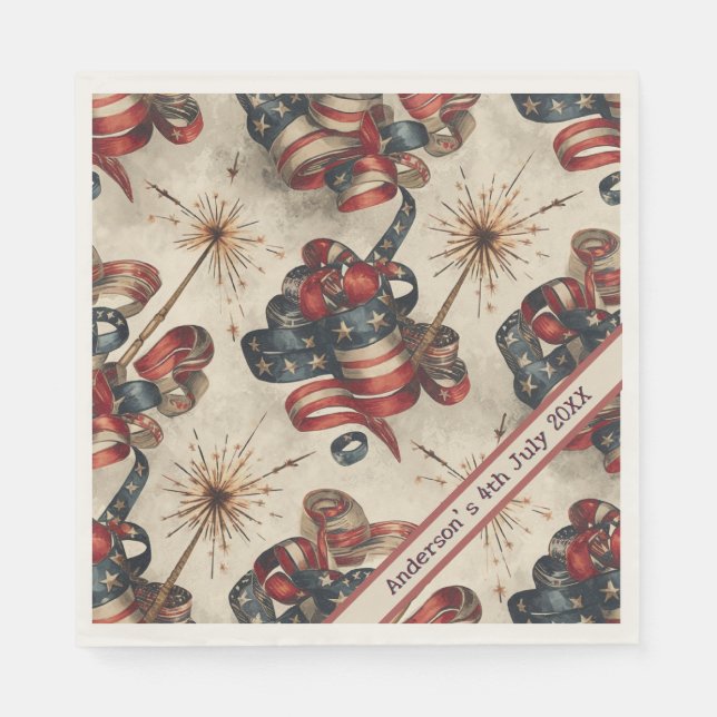 Anpassningsbar Patriotic Flagga Banner Fireworks 4 Pappersservett (Framsidan)