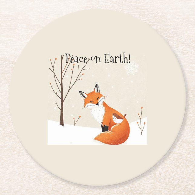 Anpassningsbar Peace Earth Minimalist Fox Bird Ani Underlägg Papper Rund (Framsidan)