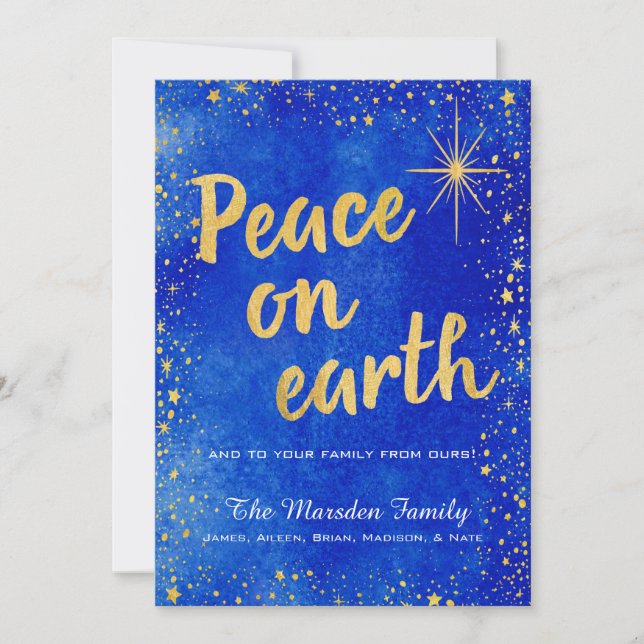Anpassningsbar Peace on Earth Blue and Guld jul Ca Julkort (Framsida)