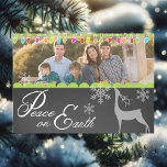 Anpassningsbar Peace on Earth Chalkboard Helgdag P Julkort<br><div class="desc">En krita ser bakgrunden med coola vit text som lyder "Fred på jorden" på framsidan och "Joy to the World" på baksidan med snöflingor, en vit silhouette hjort och färgstark träd ljus med områden som du kan anpassa med namn och foto! Den här roligten är ett färgstarkt helgdag-fotokort ett måste...</div>