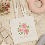 Anpassningsbar Peach Rosa ros Blommigt Watercolor  Tygkasse<br><div class="desc">Fin personlig,  handgjord vattenfärgsblomma och persikoblomma ro arrangemang toteväska med anpassningsbarna handskriven kalligrafi namn.</div>
