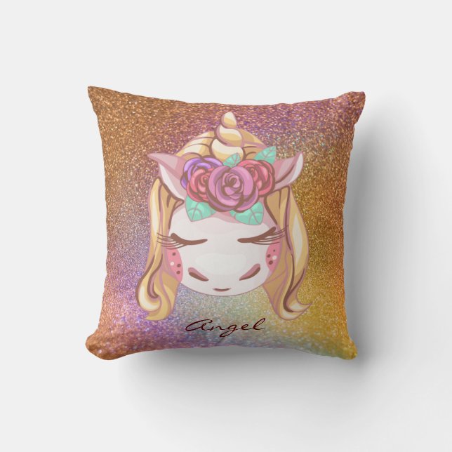 Anpassningsbar Personlig Faux Glitter Unicorn Hors Kudde (Framsida)