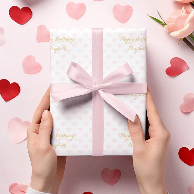 Anpassningsbar Personlig Faux Guld Rosa Hearearts  Presentpapper (Custom Personalized Faux Gold Script Pink Hearts Wrapping Paper)