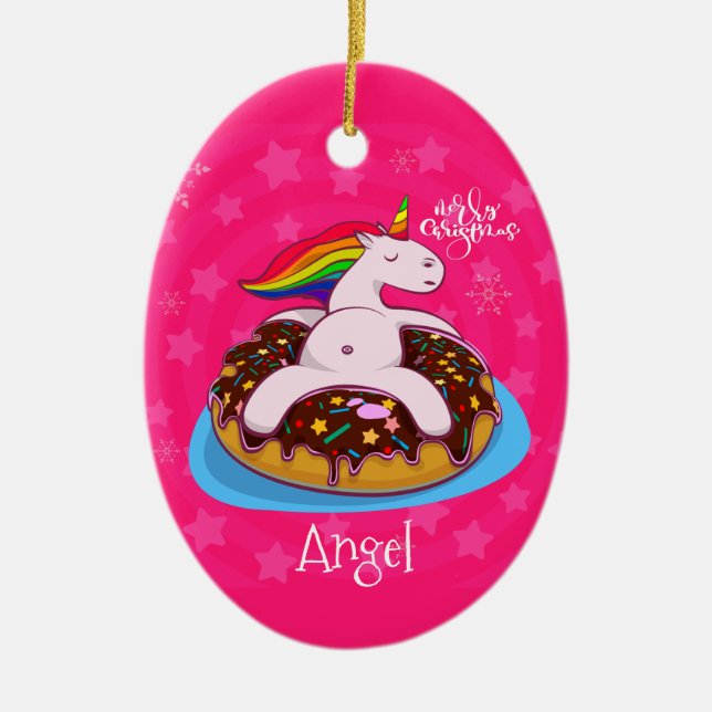 Anpassningsbar Personlig - Juli Unicorn Rosa Julgransprydnad Keramik (Framsidan)