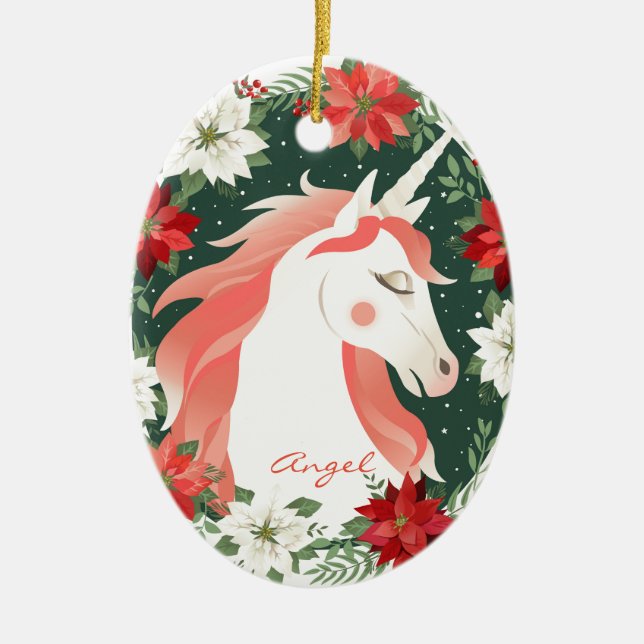 Anpassningsbar Personlig Poinsettia Unicorn Horse Julgransprydnad Keramik (Framsidan)