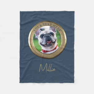 Anpassningsbar Pet 2 Photo & Text Navy Blue Guld Fleecefilt