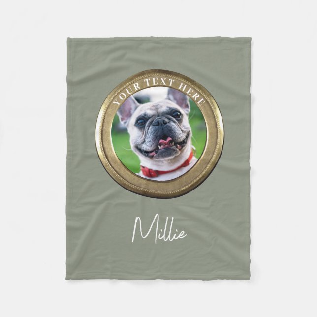Anpassningsbar Pet 2 Photo & Text Olive Sage Grönt Fleecefilt (Framsidan)