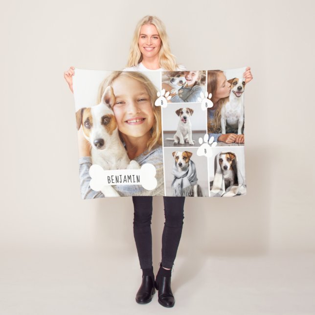Anpassningsbar Pet Hund Bone & Paw Skriv ut fotosa Fleecefilt (På plats)