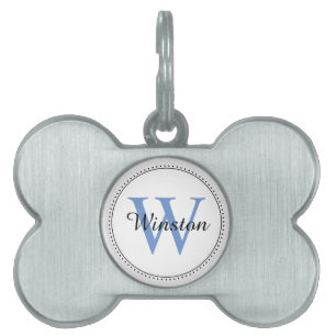 Anpassningsbar Pet Namn Blue Monogram White ID-bricka Husdjur