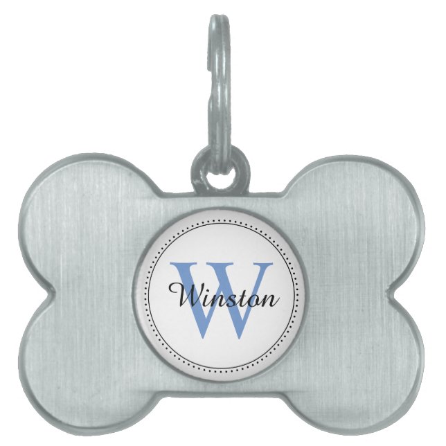 Anpassningsbar Pet Namn Blue Monogram White ID-bricka Husdjur (Framsidan)