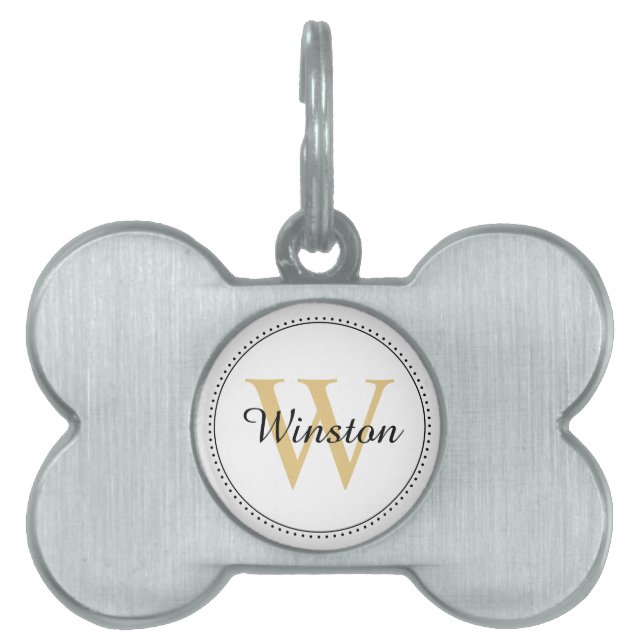 Anpassningsbar Pet Namn Guld Monogram White ID-bricka Husdjur (Framsidan)