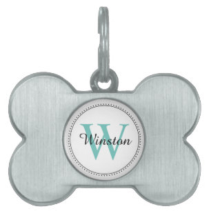 Anpassningsbar Pet Namn Teal Monogram White ID-bricka Husdjur