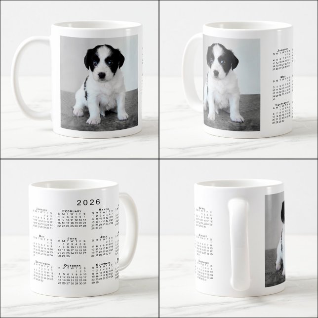 Anpassningsbar Pet Photo 2026 Calendar Kaffemugg (Custom Pet Photo 2026 Calendar Coffee Mug, multiple views)