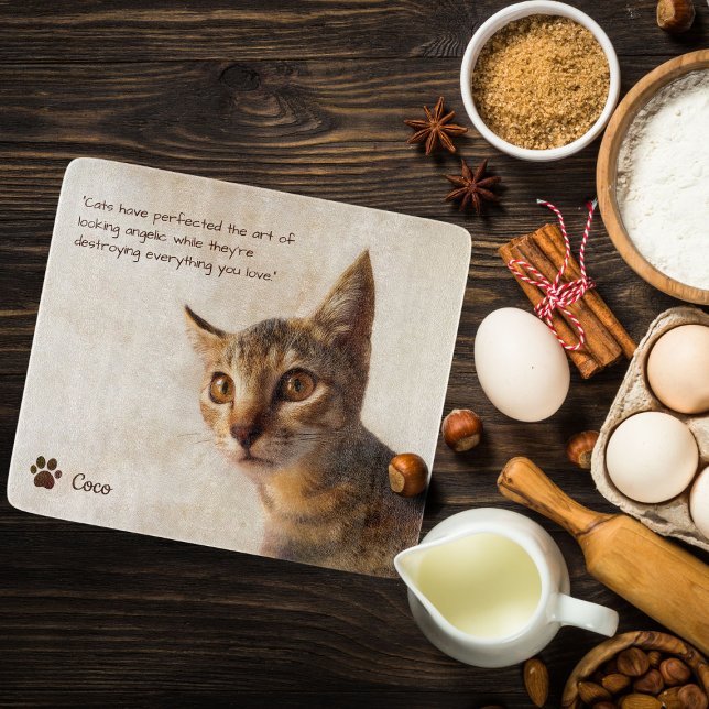 Anpassningsbar Pet Photo Cat Hund med Namn-offertm (Personalized cat photo template glass cutting board)