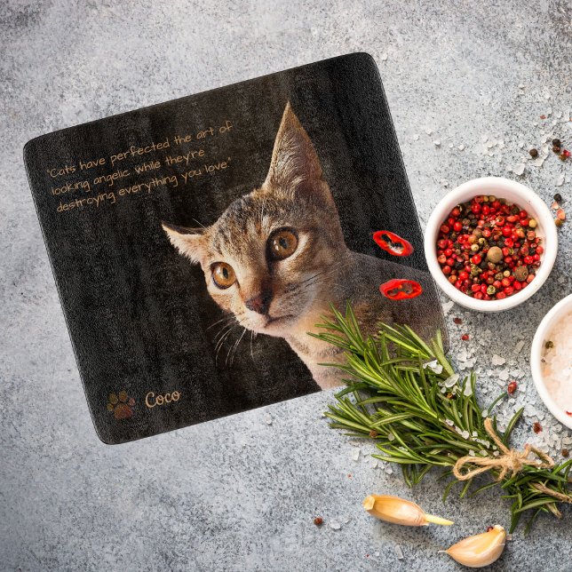 Anpassningsbar Pet Photo Cat Hund med Namn-offertm (Custom cat photo template glass cutting board)