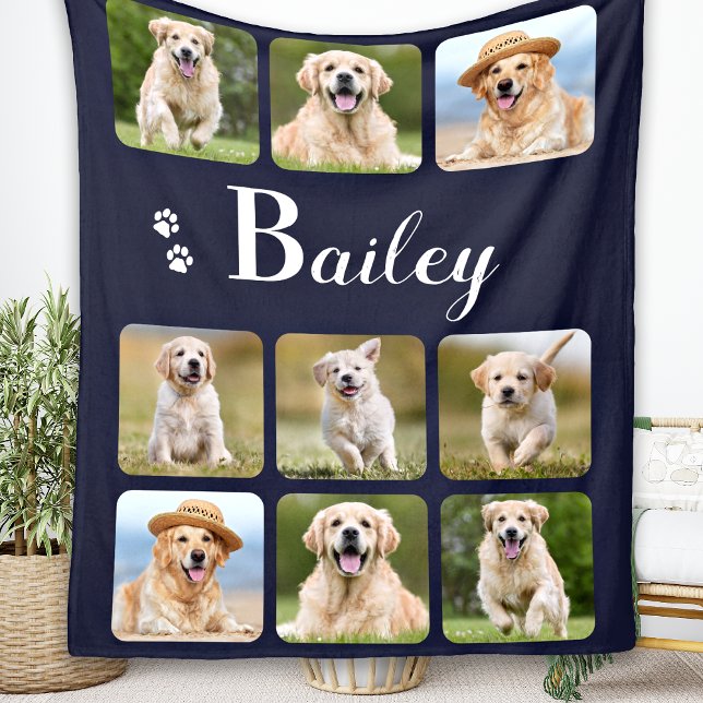 Anpassningsbar Pet Photo Collage Monogram Namn Hun Fleecefilt (Skapare uppladdad)