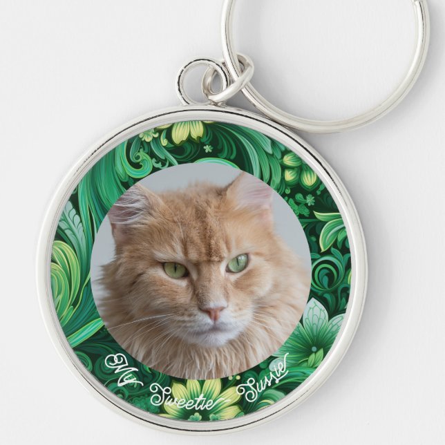 Anpassningsbar Pet Photo Gift for Cat Lovers Rund Silverfärgad Nyckelring (Framsidan)