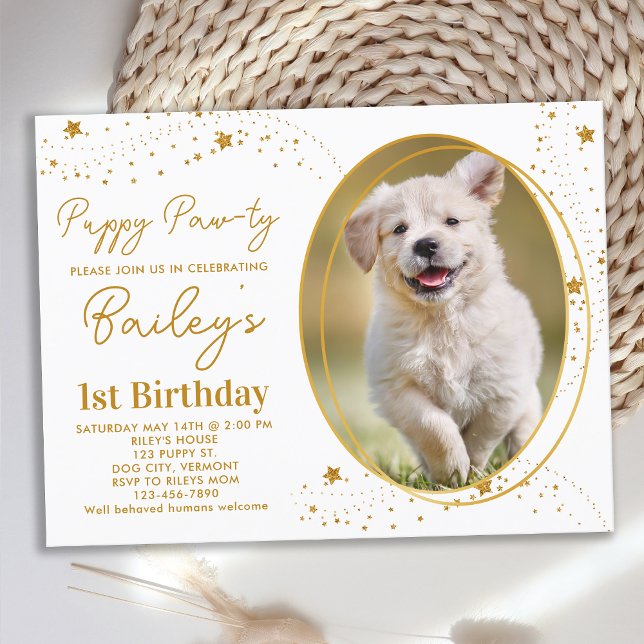 Anpassningsbar Pet Photo Guld Stars Puppy Hund Bir Inbjudan Vykort (Skapare uppladdad)