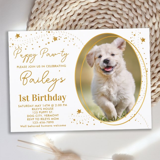 Anpassningsbar Pet Photo Guld Stars Puppy Hund Bir Inbjudningar (Skapare uppladdad)