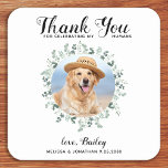 Anpassningsbar Pet Photo Hund Bröllop Eucalyptus T Underlägg Papper Kvadrat<br><div class="desc">Tack för att fira mina människor! Lägg till den avslutande beröringen till bröllop med den här söta anpassningsbarna fotot på bröllop underlägg. Perfekt till bröllop efter party och mottagning, och som bröllopsförmån för dina gäster. Anpassa fotot hund bröllop underlägg med ditt favoritfoto från bröllop, hund av hederfoto eller ditt nyskapade...</div>