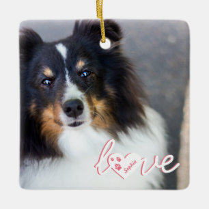 Anpassningsbar Pet Photo & Kärlek Text med Tass & Julgransprydnad Keramik