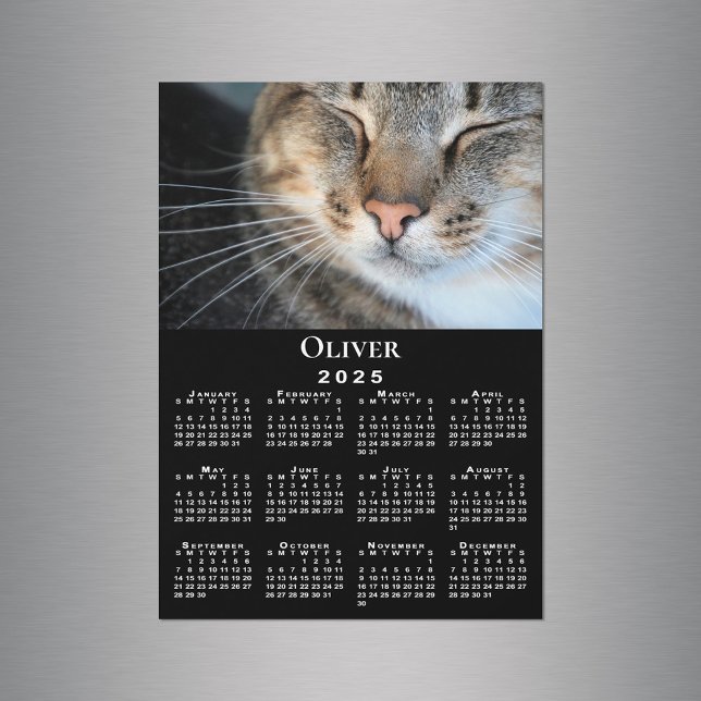 Anpassningsbar Pet Photo Namn 2025 Calendar Black  (Custom Pet Photo Name 2025 Calendar Black Magnet in situ)