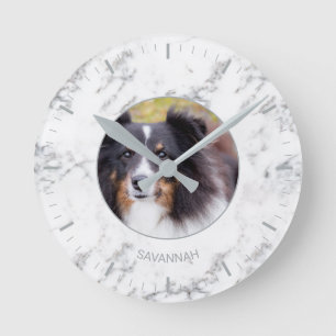 Anpassningsbar Pet Photo & Namn - Faux Marble Stru Rund Klocka