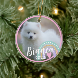 Anpassningsbar Pet Photo Namn Rainbow Ceramic Orna Julgransprydnad Keramik
