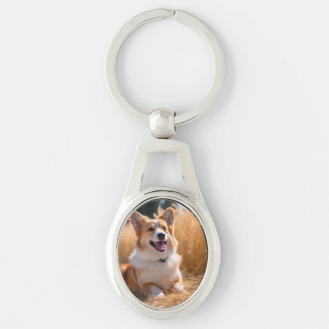 Anpassningsbar Pet Photo Ovalt Silverfärgad Nyckelring (Framsidan)