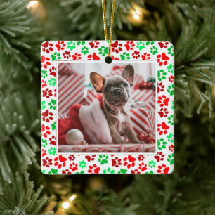 Anpassningsbar Pet Photo Red Grönt Paw Skriv ut ju Julgransprydnad Keramik
