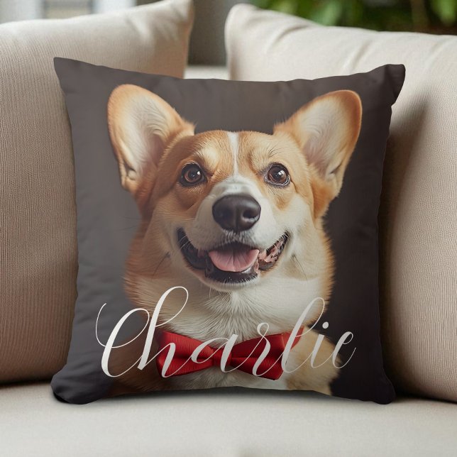 Anpassningsbar Pet Photo Script Namn Simple Callig Kudde (Custom Pet Photo Script Name Simple Calligraphy Throw Pillow)