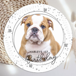 Anpassningsbar Pet Photo Silver Glitter Stars Hund Runt Klistermärke