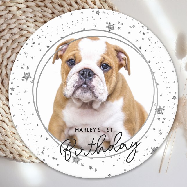 Anpassningsbar Pet Photo Silver Glitter Stars Hund Underlägg Papper Rund (Skapare uppladdad)