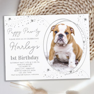 Anpassningsbar Pet Photo Silver Stars Puppy Hund B Inbjudan Vykort