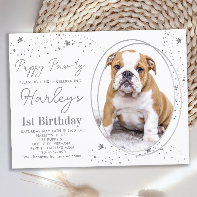 Anpassningsbar Pet Photo Silver Stars Puppy Hund B Inbjudan Vykort (Skapare uppladdad)