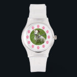 Anpassningsbar Pet Photo Watch - Rosa Tass avtryck Armbandsur<br><div class="desc">En klocka med rosa tass avtryck med siffror. Anpassa med din egen uppladdning av husdjursfoto i mitten.</div>